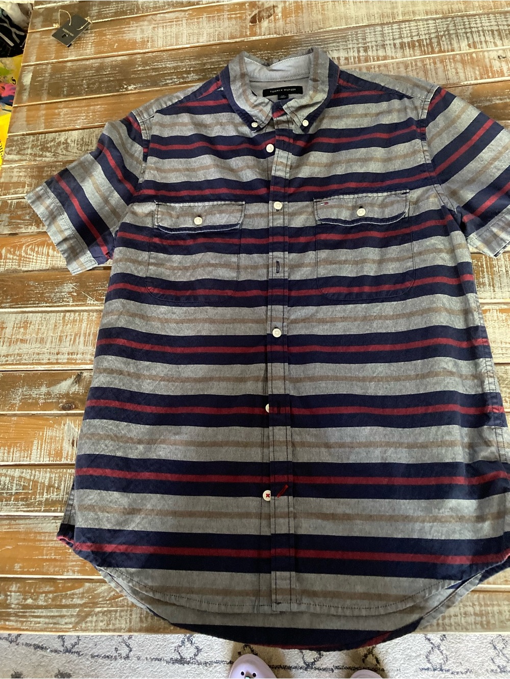 Tommy Hilfiger Short-Sleeve Striped Button-Down Shirt - Gray, Navy & Red